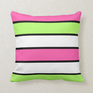 Coussin Noir, rose chaud, vert citron et rayures blanches 