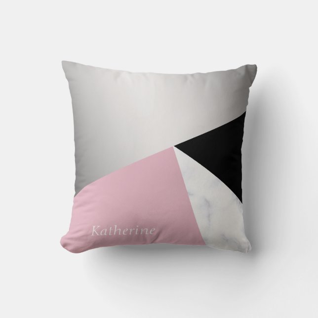 Coussin Noir rose de marbre blanc argenté géométrique (Recto)