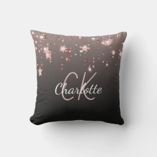 Coussin Noir rose or étoiles nom monogramme