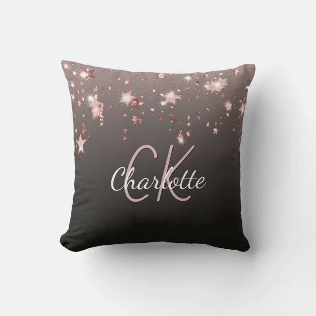 Coussin Noir rose or étoiles nom monogramme (Recto)