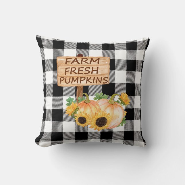 Coussin Noir rustique et blanc plaid avec Citrouilles auto (Recto)