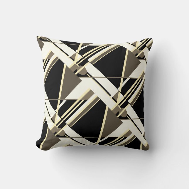 Coussin Noir, Taupe, Jaune, Beige Diagonal Design (Recto)