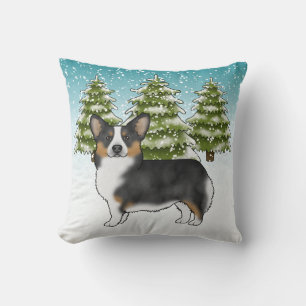 Coussin Noir Tri Pembroke Corgi Snowy Noël d'hiver