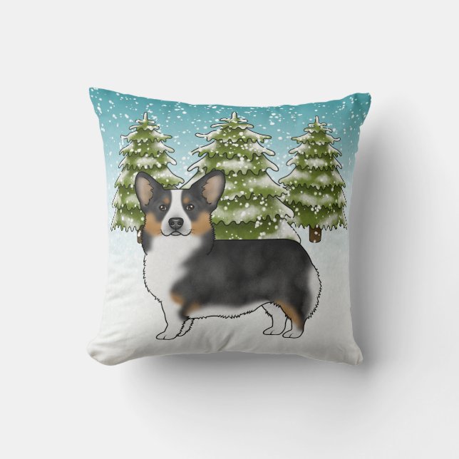 Coussin Noir Tri Pembroke Corgi Snowy Noël d'hiver (Recto)