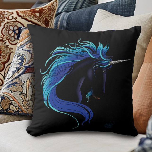 Coussin Noir Unicorne Bleu argent (Créateur téléchargé)