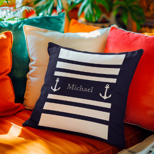 Coussin Nom d'ancre à rayures bleues et blanches nautiques