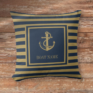 Coussin Nom de bateau nautique bleu marine et rayures doré