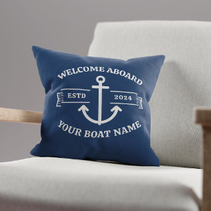 Coussin Nom de bateau personnalisé Bienvenue à bord Ancre 