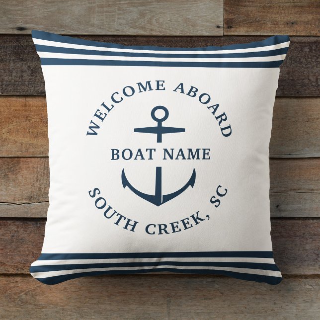 Coussin Nom de bateau personnalisé moderne Bienvenue à bor (Créateur téléchargé)
