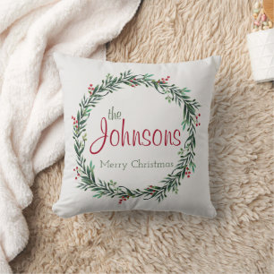 Coussin Nom de famille Holly Wreath Joyeux Noël