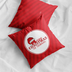 Coussin Nom de famille Joyeux Noël à rayures rouges