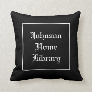 Coussin Nom de famille maison bibliothèque noir et blanc