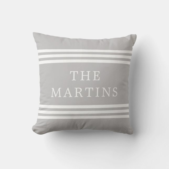 Coussin Nom de famille moderne gris chic des rayures | (Recto)