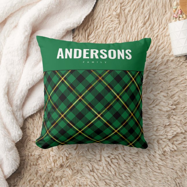 Coussin Nom de famille personnalisé Green Buffalo Plaid (Couverture)