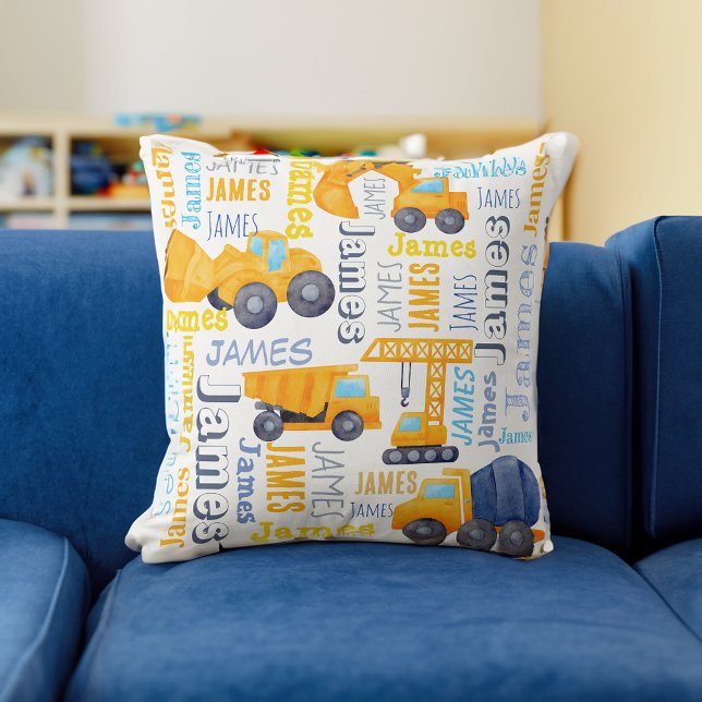 Coussin Nom de garçon personnalisé de construction camions (Personalized boys name collage construction trucks collage pillow baby gifts keepsake baby gifts)