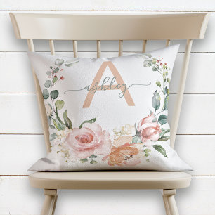 Coussin Nom de la couronne florale rose et gris clair Mono