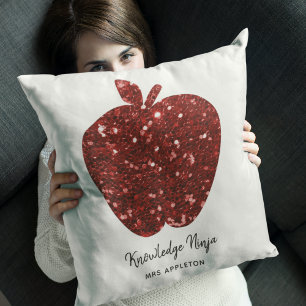 Coussin Nom de l'enseignant personnalisé Red Apple Faux Pa