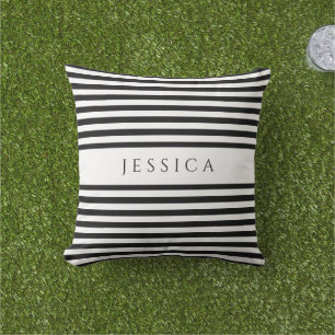 Coussin Nom de motif de ferme à rayures noir et blanc
