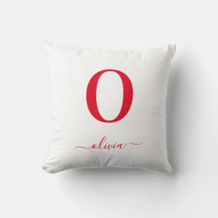 Coussin Nom De Script Monogramme Personnalisé Blanc Et Rou