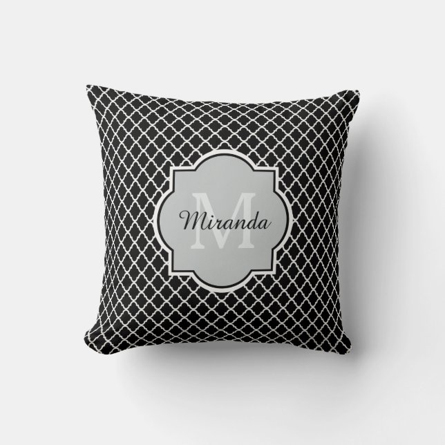 Coussin Nom décoré d'un monogramme noir et blanc moderne (Recto)