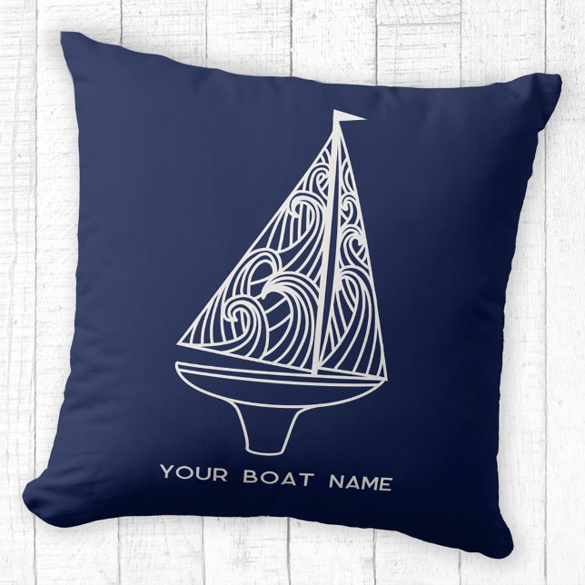 Coussin Nom du bateau à voiles Nautique Marine Bleue (Your boat name custom text sailing boat yacht navy blue throw pillow)