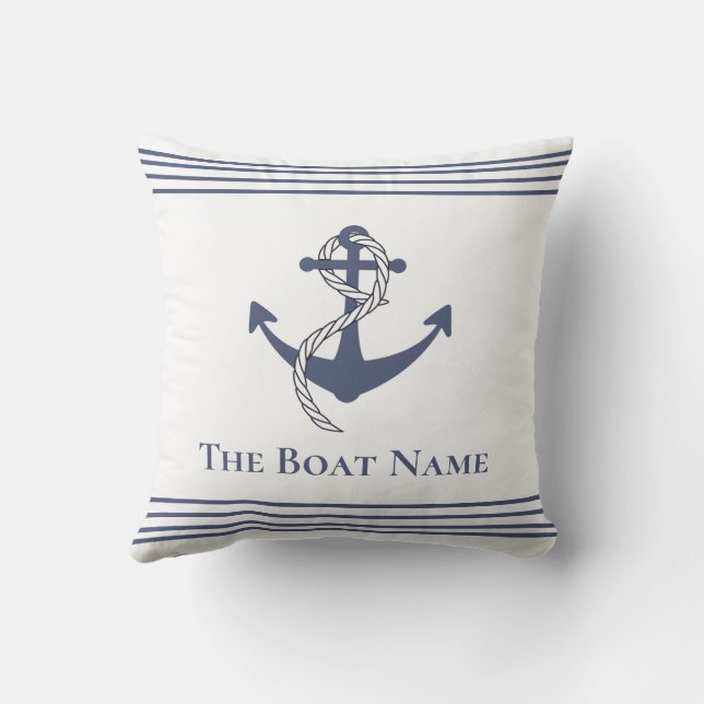 Coussin Nom du bateau de famille Blanc n Marine Bleu Ancre (Verso)