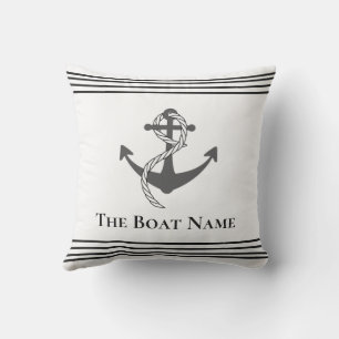 Coussin Nom du bateau de famille Blanc noir gris Ancre nau