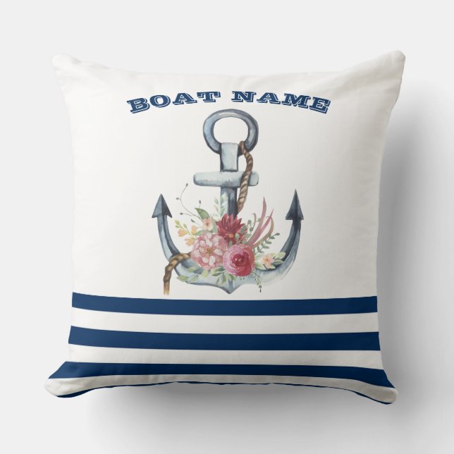 Coussin Nom du bateau, Fleurs d'Ancres Bleus de marine (Recto)