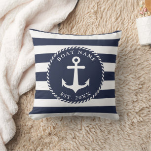 Coussin Nom du bateau Marine Bleu Blanc Ancre Été