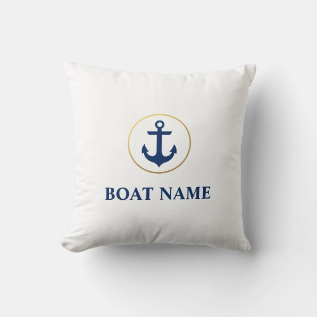 Coussin Nom du bateau nautique Ancre Bleu Blanc Or (Recto)