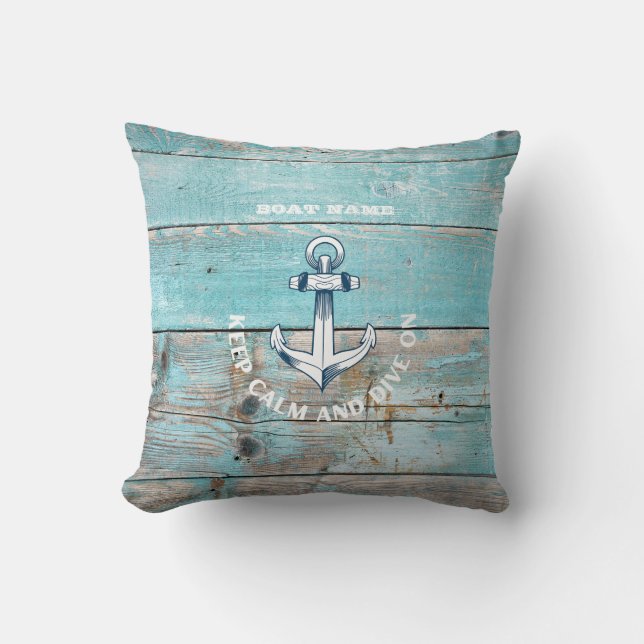 Coussin Nom du bateau nautique Ancre Bois rustique (Recto)