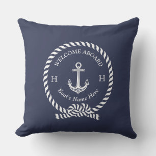 Coussin Nom du bateau nautique Ancre corde bleu marine Bie