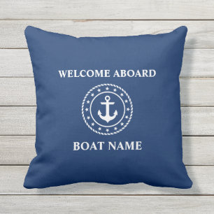 Coussin Nom du bateau nautique Ancre corde Stars Blue Welc