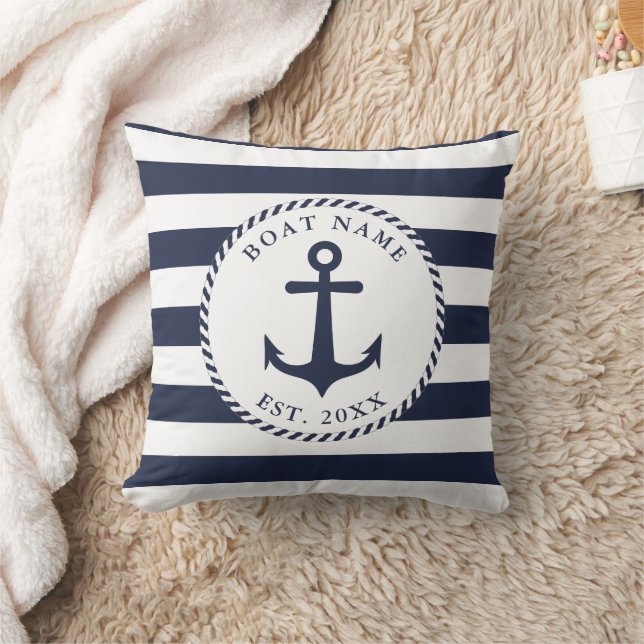 Coussin Nom du bateau personnalisé Marine Bleu Blanc Ancre (Couverture)