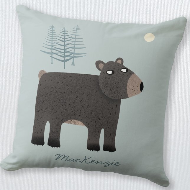 Coussin Nom du bois de l'ours mou (Personalized name bear with moon and trees throw pillow)