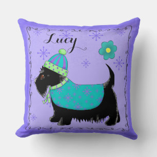 Coussin Nom du chien écossais noir Lavande personnalisée