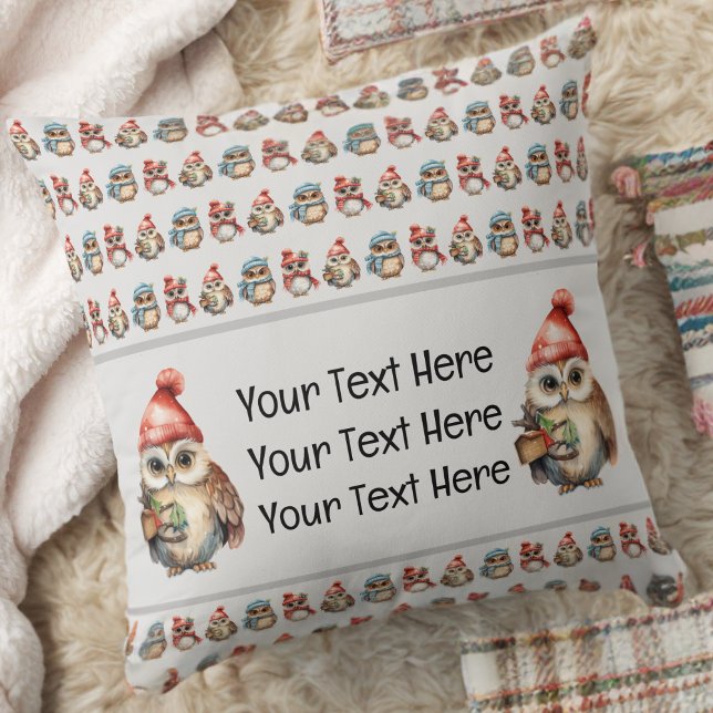 Coussin Nom du monogramme Chouettes Hiver (Créateur téléchargé)