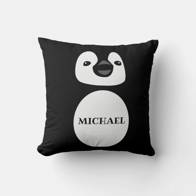 Coussin Nom du monogramme de pingouin mou en noir et blanc (Recto)