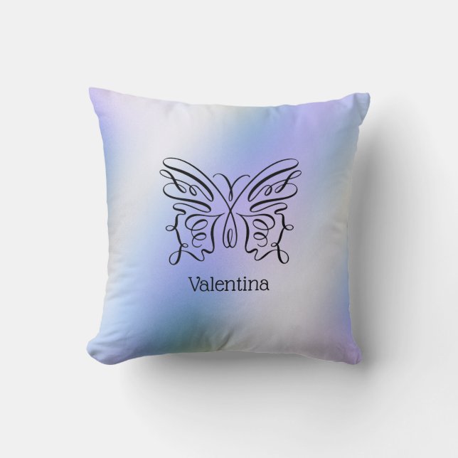 Coussin Nom du monogramme holographique papillon bleu (Recto)