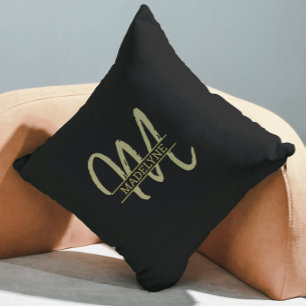 Coussin Nom du monogramme noir et or féminin minimal clair