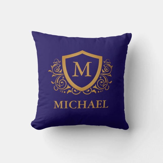 Coussin Nom du monogramme personnalisé bleu et or de la ma (Recto)