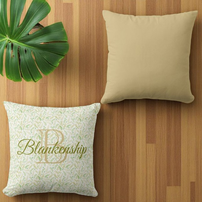 Coussin Nom du monogramme personnalisé Fern Motif Solid Kh (front monogram and back solid color throw pillow)