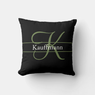 Coussin Nom du monogramme Script initial noir vert blanc