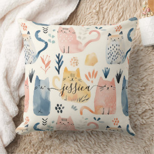 Coussin Nom du script motif pour les chats d'aquarelle