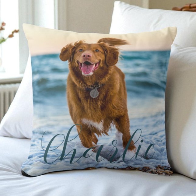 Coussin Nom du script photo de l'animal de compagnie Chien (Pet Photo Script Name Modern Personalized Dog Throw Pillow)