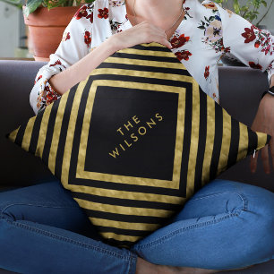 Coussin Nom élégant noir Motif géométrique de lignes carré
