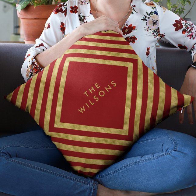 Coussin Nom élegant rouge Motif de lignes de Carré géométr (Créateur téléchargé)