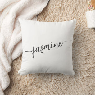 Coussin Nom en écriture manuscrite minimaliste blanc avec 