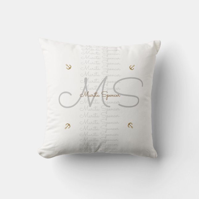 Coussin nom et initiales chic avec ancres, monogramme blan (Recto)