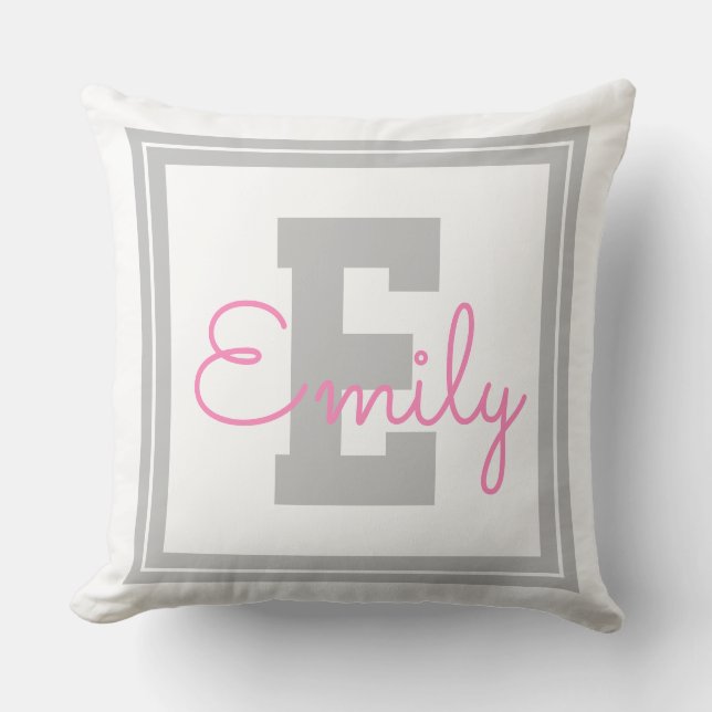 Coussin Nom et monogramme encadrés | Gris clair et rose (Recto)
